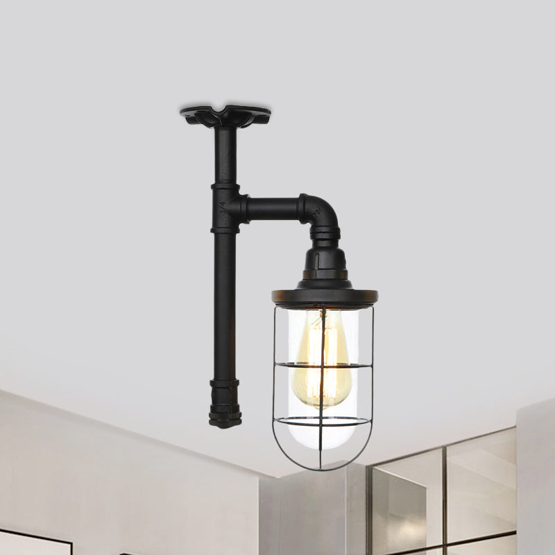 1-Head Caged Semi Flushmount Antiqued Black Iron Flush Ceiling Lamp with Clear Glass Shade Clearhalo 'Ceiling Lights' 'Close To Ceiling Lights' 'Close to ceiling' 'Glass shade' 'Glass' 'Semi-flushmount' Lighting' 758420