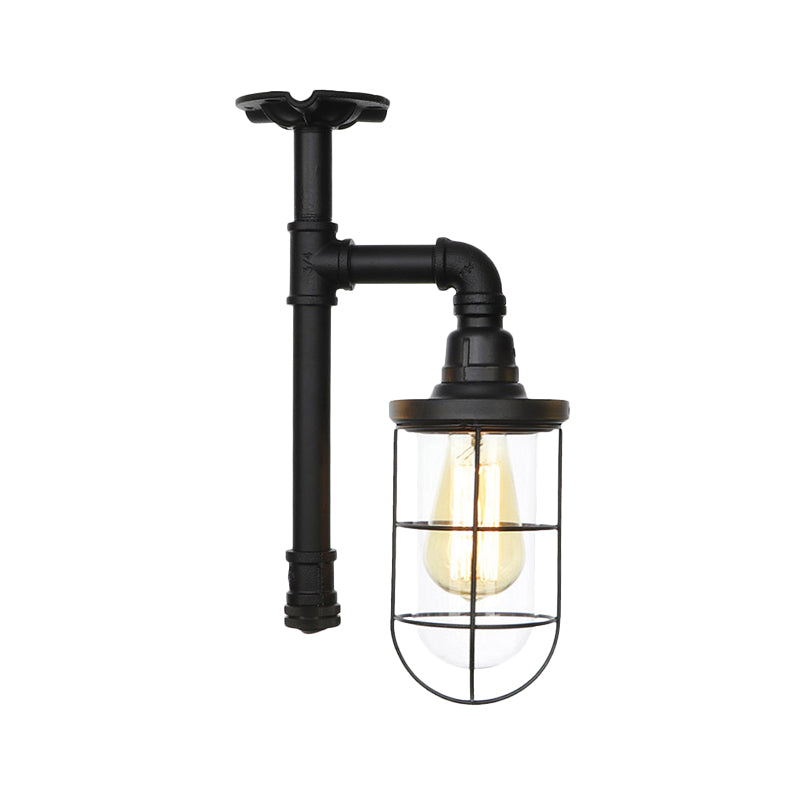 1-Head Caged Semi Flushmount Antiqued Black Iron Flush Ceiling Lamp with Clear Glass Shade Clearhalo 'Ceiling Lights' 'Close To Ceiling Lights' 'Close to ceiling' 'Glass shade' 'Glass' 'Semi-flushmount' Lighting' 758421