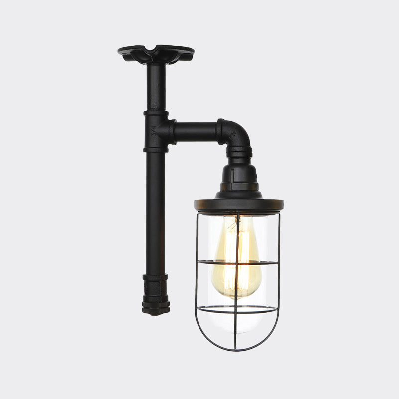 1-Head Caged Semi Flushmount Antiqued Black Iron Flush Ceiling Lamp with Clear Glass Shade Clearhalo 'Ceiling Lights' 'Close To Ceiling Lights' 'Close to ceiling' 'Glass shade' 'Glass' 'Semi-flushmount' Lighting' 758422
