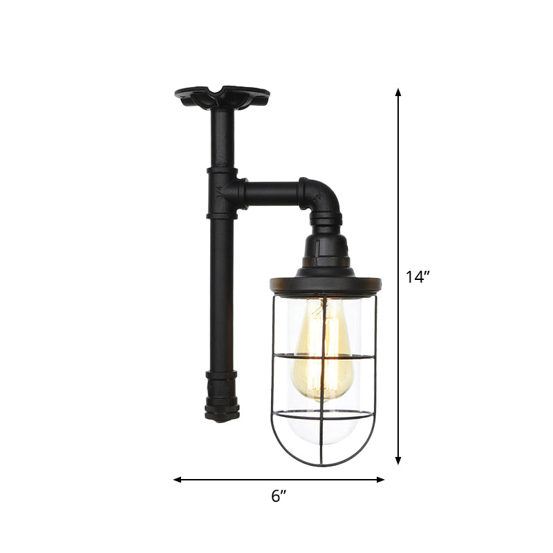 1-Head Caged Semi Flushmount Antiqued Black Iron Flush Ceiling Lamp with Clear Glass Shade Clearhalo 'Ceiling Lights' 'Close To Ceiling Lights' 'Close to ceiling' 'Glass shade' 'Glass' 'Semi-flushmount' Lighting' 758423