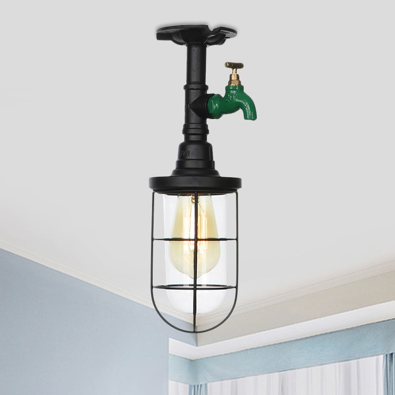 1-Head Caged Semi Flushmount Antiqued Black Iron Flush Ceiling Lamp with Clear Glass Shade Black D Clearhalo 'Ceiling Lights' 'Close To Ceiling Lights' 'Close to ceiling' 'Glass shade' 'Glass' 'Semi-flushmount' Lighting' 758424