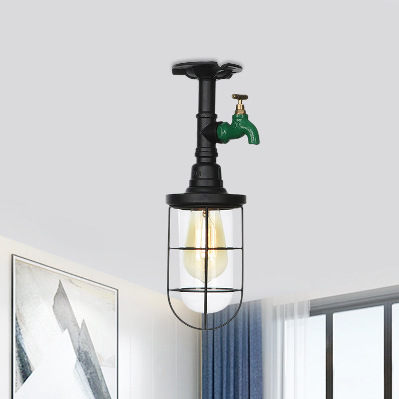 1-Head Caged Semi Flushmount Antiqued Black Iron Flush Ceiling Lamp with Clear Glass Shade Clearhalo 'Ceiling Lights' 'Close To Ceiling Lights' 'Close to ceiling' 'Glass shade' 'Glass' 'Semi-flushmount' Lighting' 758425