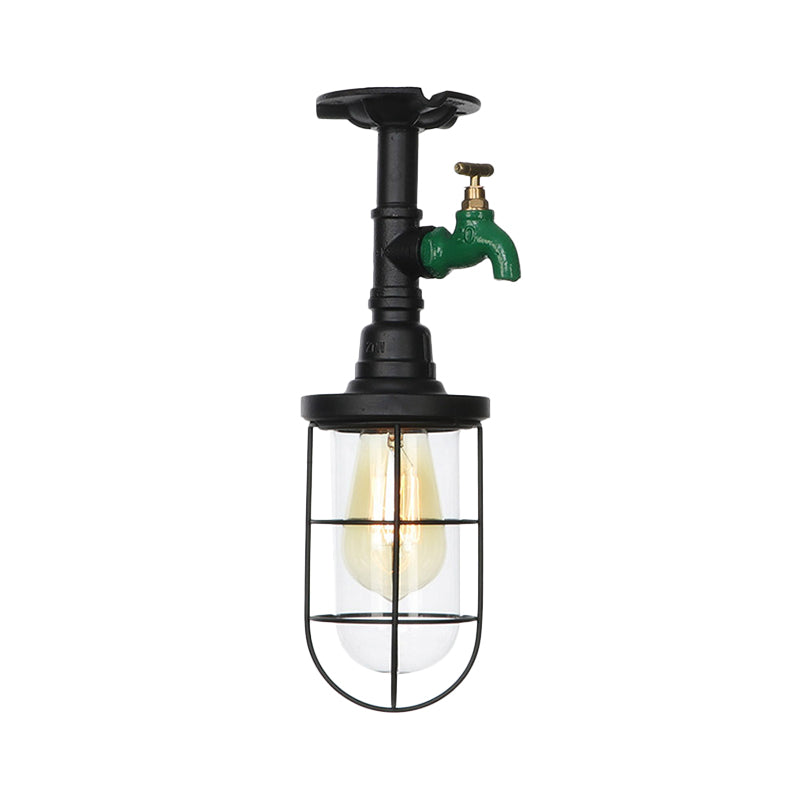 1-Head Caged Semi Flushmount Antiqued Black Iron Flush Ceiling Lamp with Clear Glass Shade Clearhalo 'Ceiling Lights' 'Close To Ceiling Lights' 'Close to ceiling' 'Glass shade' 'Glass' 'Semi-flushmount' Lighting' 758426