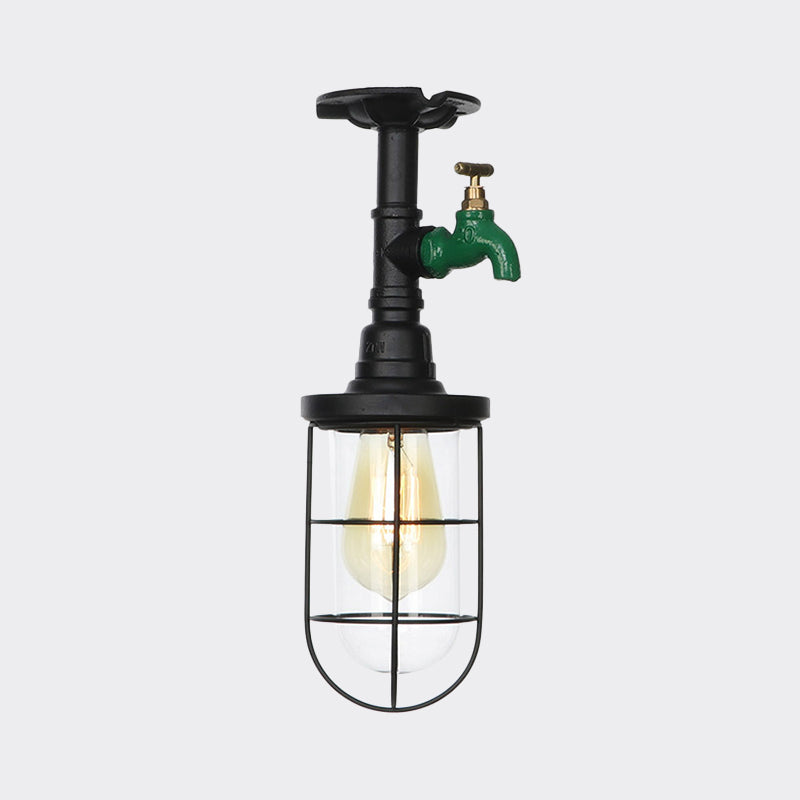 1-Head Caged Semi Flushmount Antiqued Black Iron Flush Ceiling Lamp with Clear Glass Shade Clearhalo 'Ceiling Lights' 'Close To Ceiling Lights' 'Close to ceiling' 'Glass shade' 'Glass' 'Semi-flushmount' Lighting' 758427
