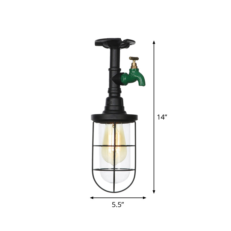 1-Head Caged Semi Flushmount Antiqued Black Iron Flush Ceiling Lamp with Clear Glass Shade Clearhalo 'Ceiling Lights' 'Close To Ceiling Lights' 'Close to ceiling' 'Glass shade' 'Glass' 'Semi-flushmount' Lighting' 758428