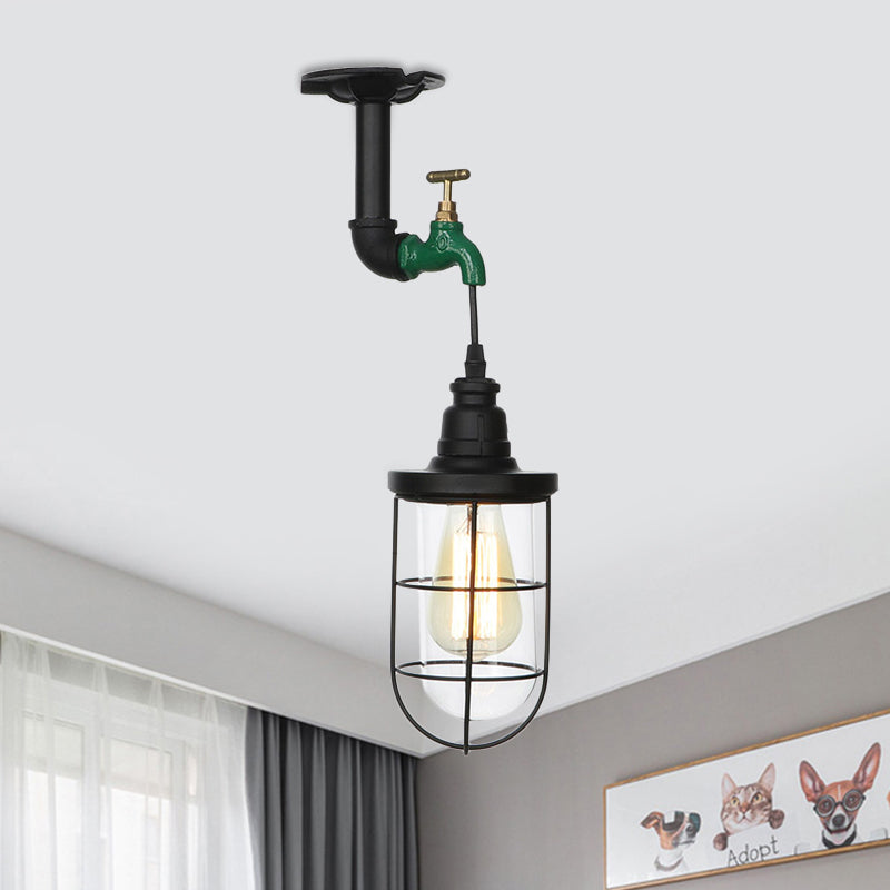 1-Head Caged Semi Flushmount Antiqued Black Iron Flush Ceiling Lamp with Clear Glass Shade Black E Clearhalo 'Ceiling Lights' 'Close To Ceiling Lights' 'Close to ceiling' 'Glass shade' 'Glass' 'Semi-flushmount' Lighting' 758429