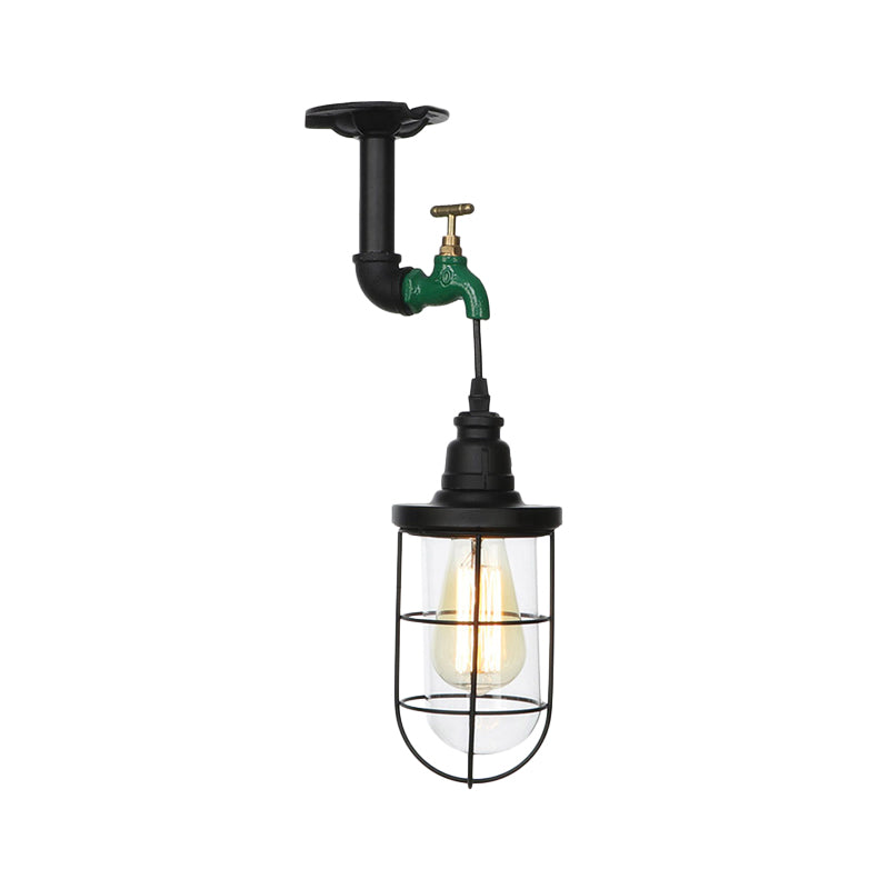1-Head Caged Semi Flushmount Antiqued Black Iron Flush Ceiling Lamp with Clear Glass Shade Clearhalo 'Ceiling Lights' 'Close To Ceiling Lights' 'Close to ceiling' 'Glass shade' 'Glass' 'Semi-flushmount' Lighting' 758431
