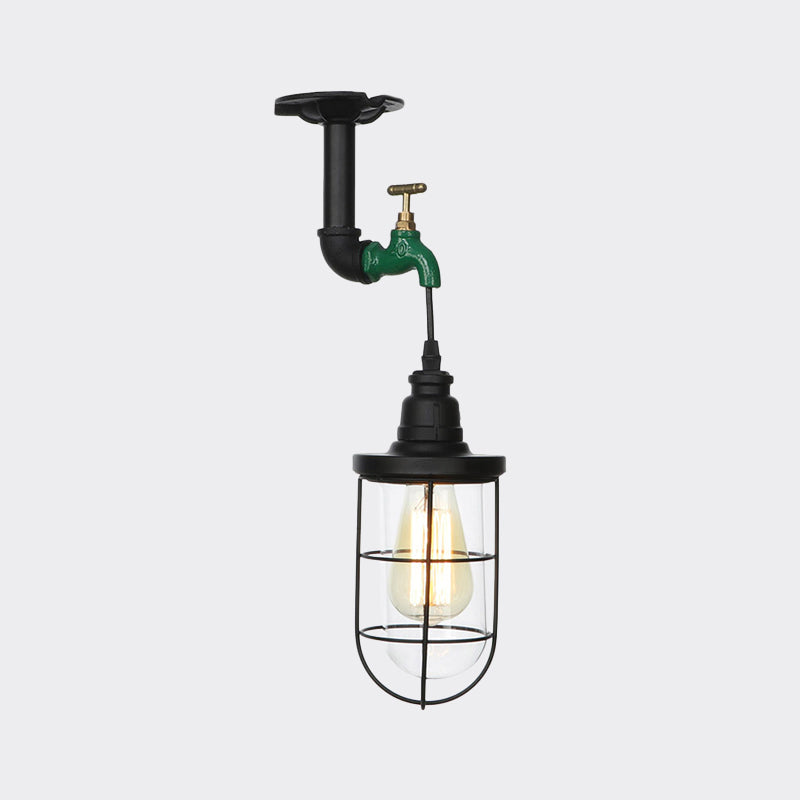 1-Head Caged Semi Flushmount Antiqued Black Iron Flush Ceiling Lamp with Clear Glass Shade Clearhalo 'Ceiling Lights' 'Close To Ceiling Lights' 'Close to ceiling' 'Glass shade' 'Glass' 'Semi-flushmount' Lighting' 758432