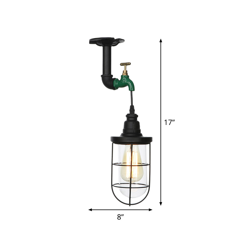 1-Head Caged Semi Flushmount Antiqued Black Iron Flush Ceiling Lamp with Clear Glass Shade Clearhalo 'Ceiling Lights' 'Close To Ceiling Lights' 'Close to ceiling' 'Glass shade' 'Glass' 'Semi-flushmount' Lighting' 758433