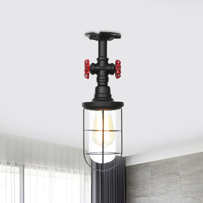 1-Bulb Clear Glass Semi Flush Mount Industrial Black Cage Balcony Ceiling Flush with Valve Deco Black A Clearhalo 'Ceiling Lights' 'Close To Ceiling Lights' 'Close to ceiling' 'Glass shade' 'Glass' 'Semi-flushmount' Lighting' 758434