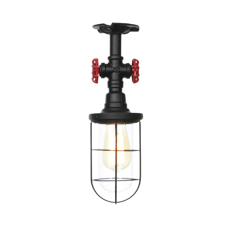 1-Bulb Clear Glass Semi Flush Mount Industrial Black Cage Balcony Ceiling Flush with Valve Deco Clearhalo 'Ceiling Lights' 'Close To Ceiling Lights' 'Close to ceiling' 'Glass shade' 'Glass' 'Semi-flushmount' Lighting' 758435