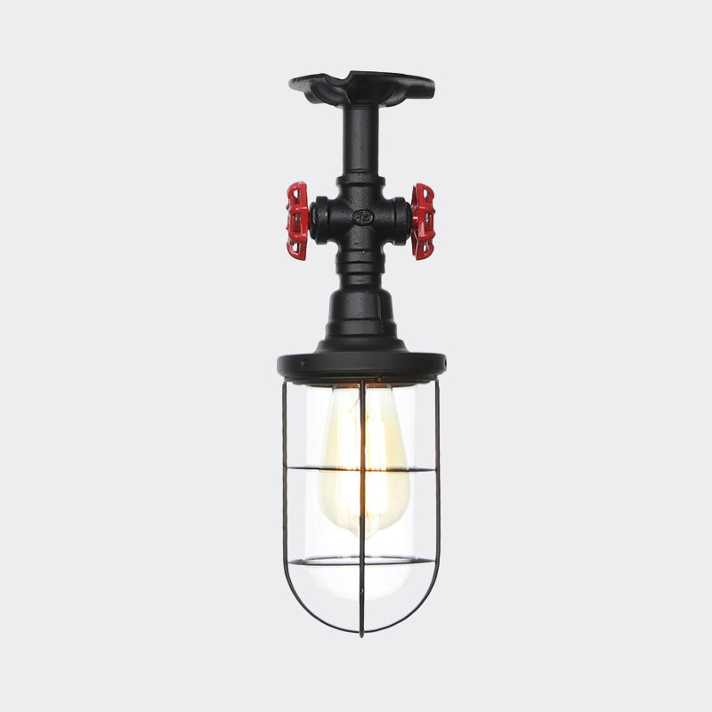 1-Bulb Clear Glass Semi Flush Mount Industrial Black Cage Balcony Ceiling Flush with Valve Deco Clearhalo 'Ceiling Lights' 'Close To Ceiling Lights' 'Close to ceiling' 'Glass shade' 'Glass' 'Semi-flushmount' Lighting' 758436