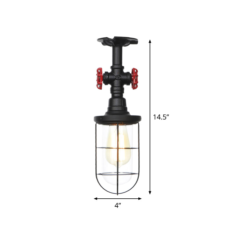 1-Bulb Clear Glass Semi Flush Mount Industrial Black Cage Balcony Ceiling Flush with Valve Deco Clearhalo 'Ceiling Lights' 'Close To Ceiling Lights' 'Close to ceiling' 'Glass shade' 'Glass' 'Semi-flushmount' Lighting' 758437
