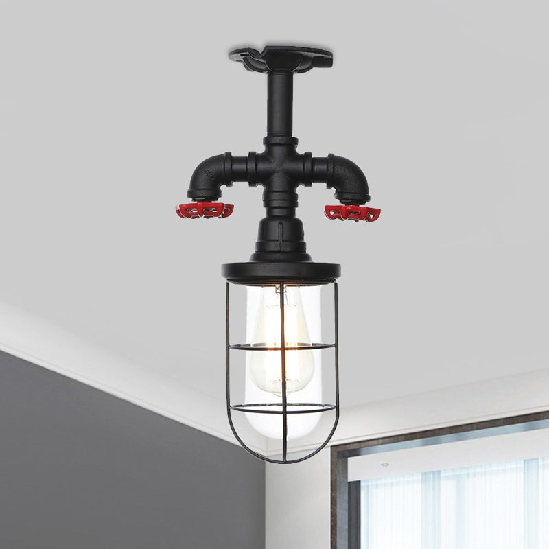 1-Bulb Clear Glass Semi Flush Mount Industrial Black Cage Balcony Ceiling Flush with Valve Deco Black B Clearhalo 'Ceiling Lights' 'Close To Ceiling Lights' 'Close to ceiling' 'Glass shade' 'Glass' 'Semi-flushmount' Lighting' 758438