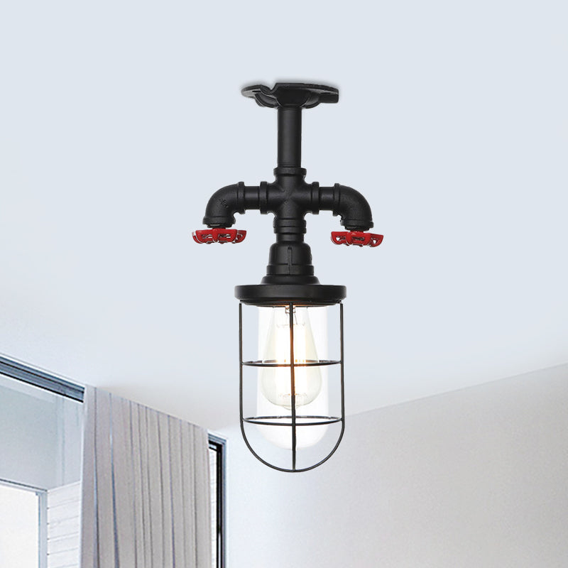 1-Bulb Clear Glass Semi Flush Mount Industrial Black Cage Balcony Ceiling Flush with Valve Deco Clearhalo 'Ceiling Lights' 'Close To Ceiling Lights' 'Close to ceiling' 'Glass shade' 'Glass' 'Semi-flushmount' Lighting' 758439