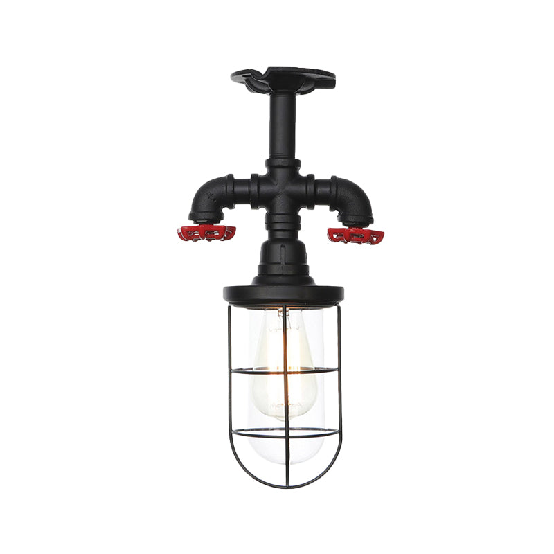 1-Bulb Clear Glass Semi Flush Mount Industrial Black Cage Balcony Ceiling Flush with Valve Deco Clearhalo 'Ceiling Lights' 'Close To Ceiling Lights' 'Close to ceiling' 'Glass shade' 'Glass' 'Semi-flushmount' Lighting' 758440