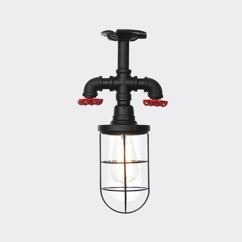 1-Bulb Clear Glass Semi Flush Mount Industrial Black Cage Balcony Ceiling Flush with Valve Deco Clearhalo 'Ceiling Lights' 'Close To Ceiling Lights' 'Close to ceiling' 'Glass shade' 'Glass' 'Semi-flushmount' Lighting' 758441
