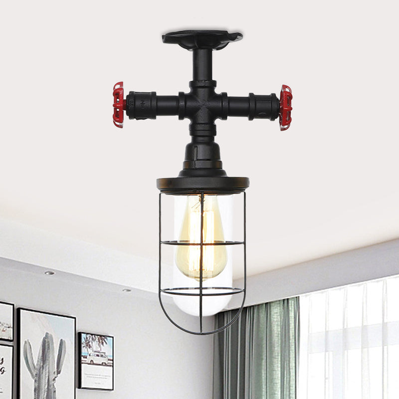 1-Bulb Clear Glass Semi Flush Mount Industrial Black Cage Balcony Ceiling Flush with Valve Deco Black C Clearhalo 'Ceiling Lights' 'Close To Ceiling Lights' 'Close to ceiling' 'Glass shade' 'Glass' 'Semi-flushmount' Lighting' 758443