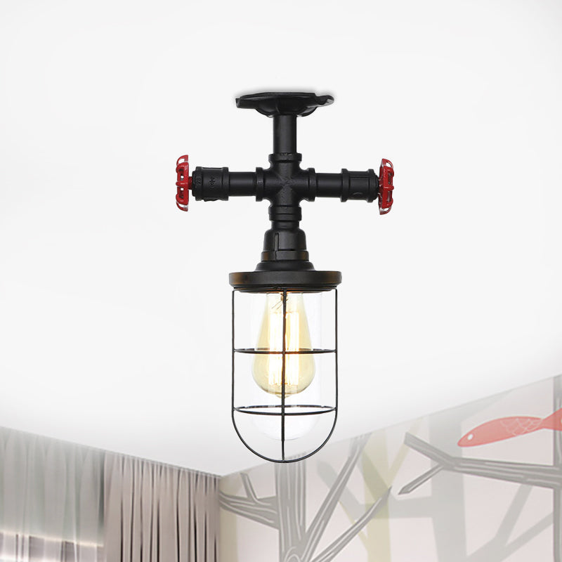 1-Bulb Clear Glass Semi Flush Mount Industrial Black Cage Balcony Ceiling Flush with Valve Deco Clearhalo 'Ceiling Lights' 'Close To Ceiling Lights' 'Close to ceiling' 'Glass shade' 'Glass' 'Semi-flushmount' Lighting' 758444