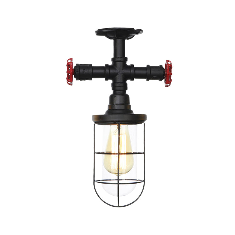 1-Bulb Clear Glass Semi Flush Mount Industrial Black Cage Balcony Ceiling Flush with Valve Deco Clearhalo 'Ceiling Lights' 'Close To Ceiling Lights' 'Close to ceiling' 'Glass shade' 'Glass' 'Semi-flushmount' Lighting' 758445