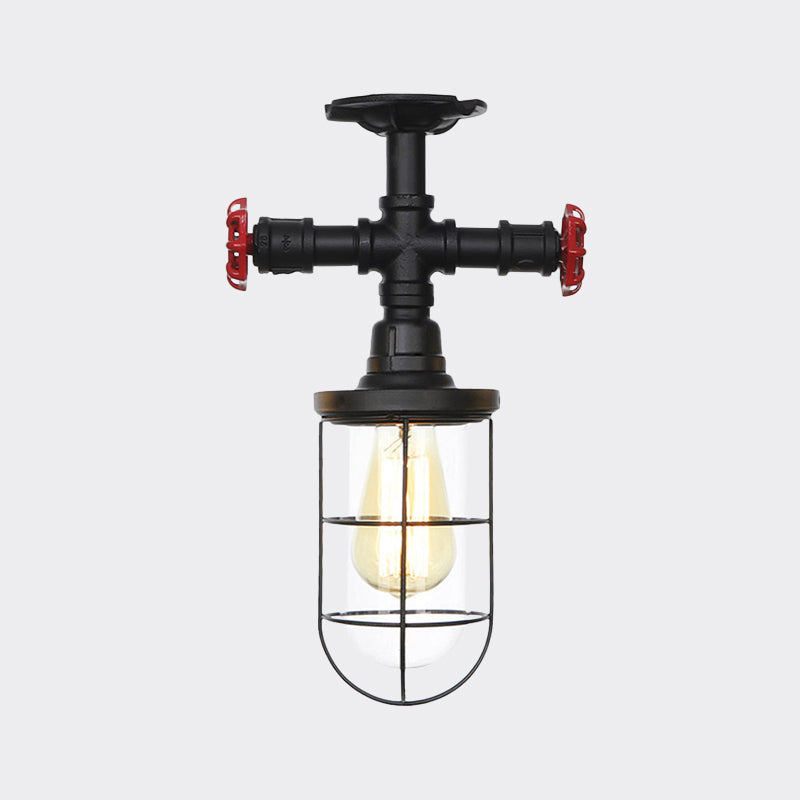 1-Bulb Clear Glass Semi Flush Mount Industrial Black Cage Balcony Ceiling Flush with Valve Deco Clearhalo 'Ceiling Lights' 'Close To Ceiling Lights' 'Close to ceiling' 'Glass shade' 'Glass' 'Semi-flushmount' Lighting' 758446