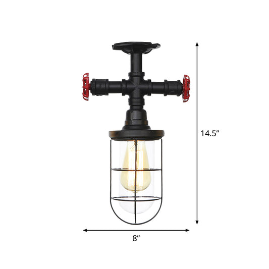 1-Bulb Clear Glass Semi Flush Mount Industrial Black Cage Balcony Ceiling Flush with Valve Deco Clearhalo 'Ceiling Lights' 'Close To Ceiling Lights' 'Close to ceiling' 'Glass shade' 'Glass' 'Semi-flushmount' Lighting' 758447