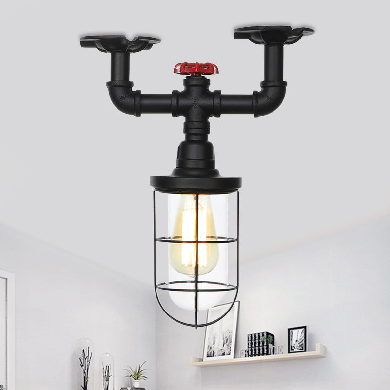 1-Bulb Clear Glass Semi Flush Mount Industrial Black Cage Balcony Ceiling Flush with Valve Deco Black D Clearhalo 'Ceiling Lights' 'Close To Ceiling Lights' 'Close to ceiling' 'Glass shade' 'Glass' 'Semi-flushmount' Lighting' 758448