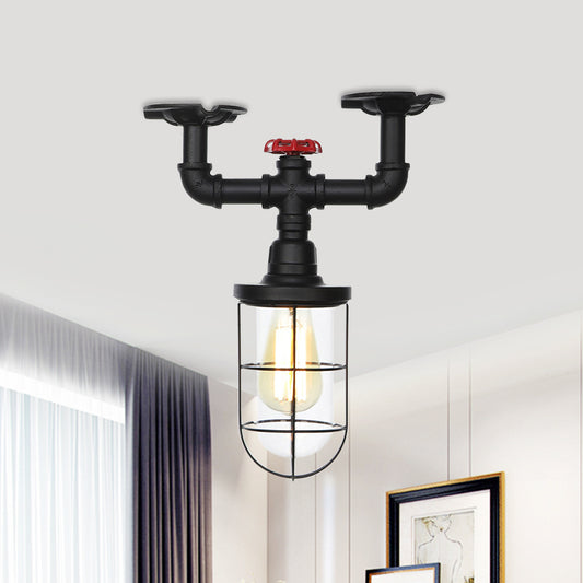 1-Bulb Clear Glass Semi Flush Mount Industrial Black Cage Balcony Ceiling Flush with Valve Deco Clearhalo 'Ceiling Lights' 'Close To Ceiling Lights' 'Close to ceiling' 'Glass shade' 'Glass' 'Semi-flushmount' Lighting' 758449