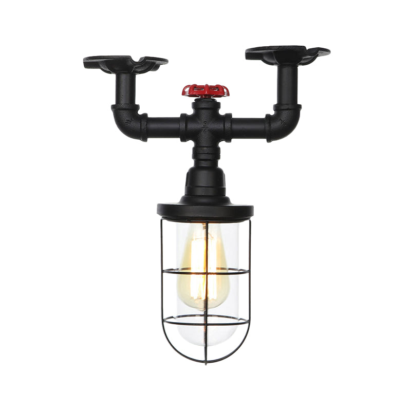 1-Bulb Clear Glass Semi Flush Mount Industrial Black Cage Balcony Ceiling Flush with Valve Deco Clearhalo 'Ceiling Lights' 'Close To Ceiling Lights' 'Close to ceiling' 'Glass shade' 'Glass' 'Semi-flushmount' Lighting' 758450