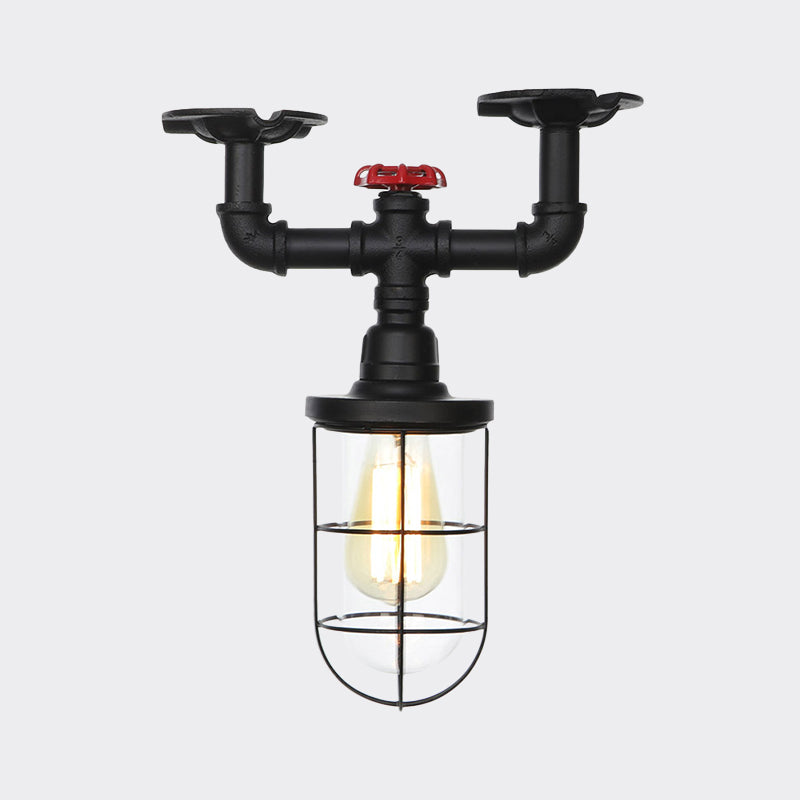 1-Bulb Clear Glass Semi Flush Mount Industrial Black Cage Balcony Ceiling Flush with Valve Deco Clearhalo 'Ceiling Lights' 'Close To Ceiling Lights' 'Close to ceiling' 'Glass shade' 'Glass' 'Semi-flushmount' Lighting' 758451