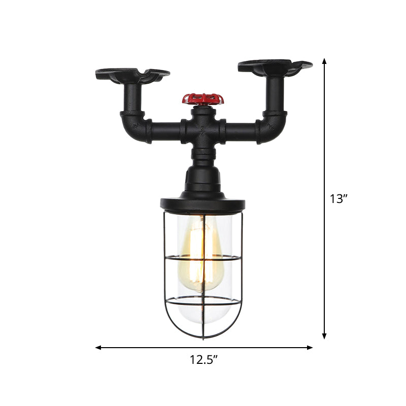 1-Bulb Clear Glass Semi Flush Mount Industrial Black Cage Balcony Ceiling Flush with Valve Deco Clearhalo 'Ceiling Lights' 'Close To Ceiling Lights' 'Close to ceiling' 'Glass shade' 'Glass' 'Semi-flushmount' Lighting' 758452