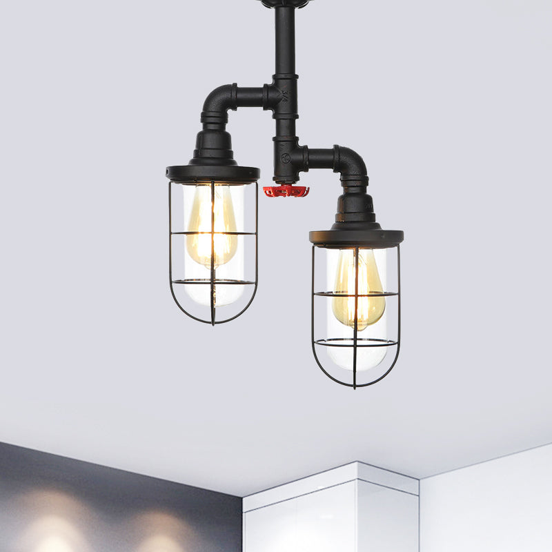 2-Bulbs Flushmount Farmhouse Wire Cage Clear Glass Semi-Flush Ceiling Fixture in Black Black A Clearhalo 'Ceiling Lights' 'Close To Ceiling Lights' 'Close to ceiling' 'Glass shade' 'Glass' 'Semi-flushmount' Lighting' 758453