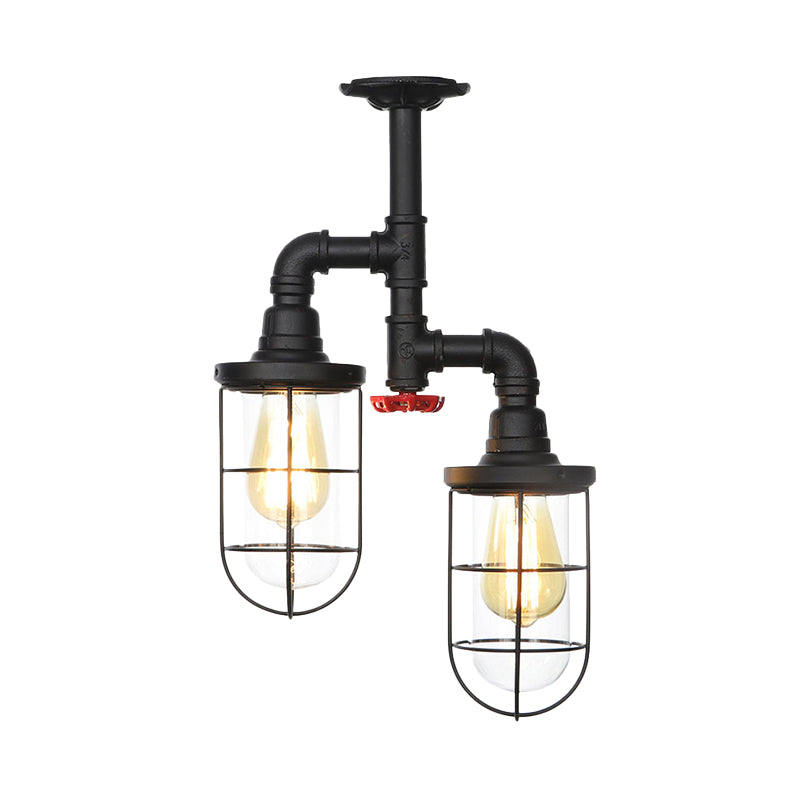 2-Bulbs Flushmount Farmhouse Wire Cage Clear Glass Semi-Flush Ceiling Fixture in Black Clearhalo 'Ceiling Lights' 'Close To Ceiling Lights' 'Close to ceiling' 'Glass shade' 'Glass' 'Semi-flushmount' Lighting' 758454
