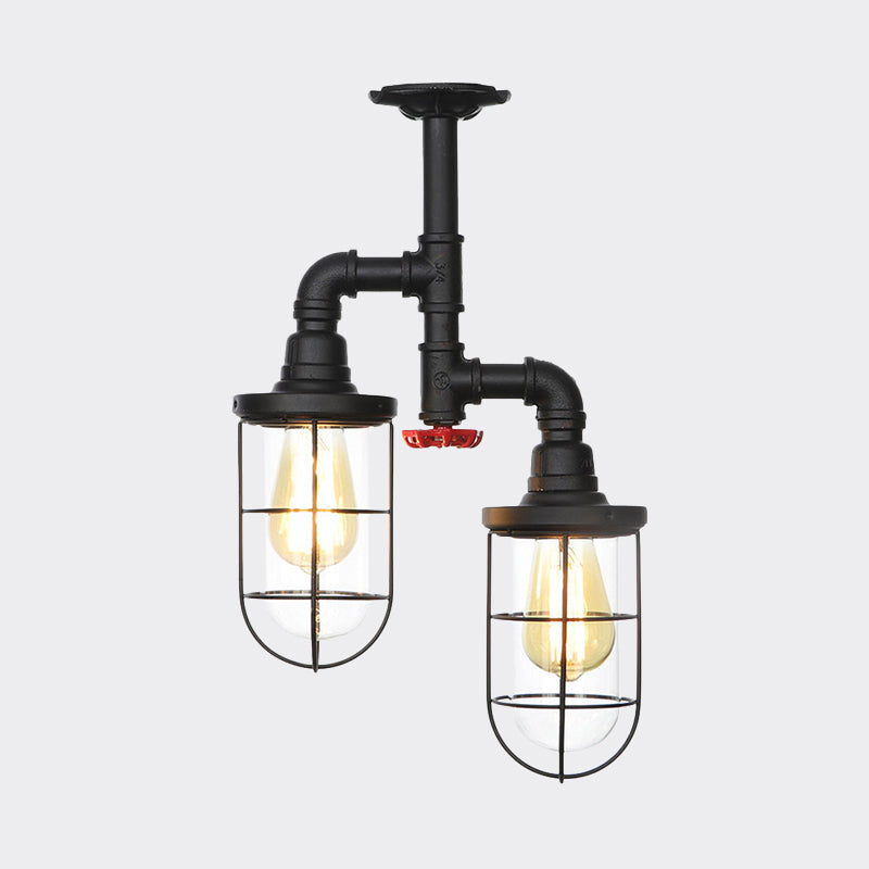 2-Bulbs Flushmount Farmhouse Wire Cage Clear Glass Semi-Flush Ceiling Fixture in Black Clearhalo 'Ceiling Lights' 'Close To Ceiling Lights' 'Close to ceiling' 'Glass shade' 'Glass' 'Semi-flushmount' Lighting' 758455
