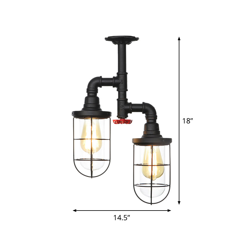 2-Bulbs Flushmount Farmhouse Wire Cage Clear Glass Semi-Flush Ceiling Fixture in Black Clearhalo 'Ceiling Lights' 'Close To Ceiling Lights' 'Close to ceiling' 'Glass shade' 'Glass' 'Semi-flushmount' Lighting' 758456