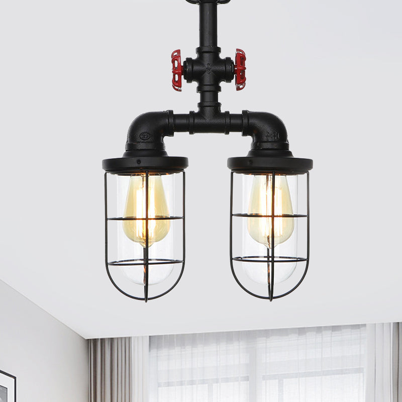 2-Bulbs Flushmount Farmhouse Wire Cage Clear Glass Semi-Flush Ceiling Fixture in Black Clearhalo 'Ceiling Lights' 'Close To Ceiling Lights' 'Close to ceiling' 'Glass shade' 'Glass' 'Semi-flushmount' Lighting' 758458