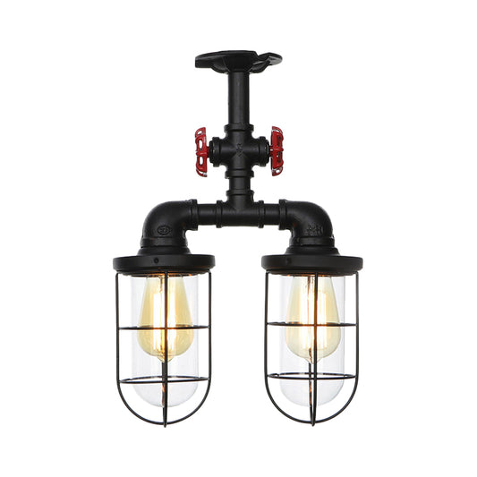 2-Bulbs Flushmount Farmhouse Wire Cage Clear Glass Semi-Flush Ceiling Fixture in Black Clearhalo 'Ceiling Lights' 'Close To Ceiling Lights' 'Close to ceiling' 'Glass shade' 'Glass' 'Semi-flushmount' Lighting' 758459