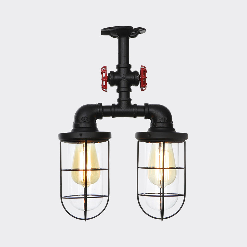 2-Bulbs Flushmount Farmhouse Wire Cage Clear Glass Semi-Flush Ceiling Fixture in Black Clearhalo 'Ceiling Lights' 'Close To Ceiling Lights' 'Close to ceiling' 'Glass shade' 'Glass' 'Semi-flushmount' Lighting' 758460