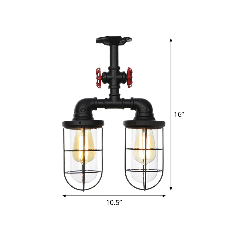 2-Bulbs Flushmount Farmhouse Wire Cage Clear Glass Semi-Flush Ceiling Fixture in Black Clearhalo 'Ceiling Lights' 'Close To Ceiling Lights' 'Close to ceiling' 'Glass shade' 'Glass' 'Semi-flushmount' Lighting' 758461