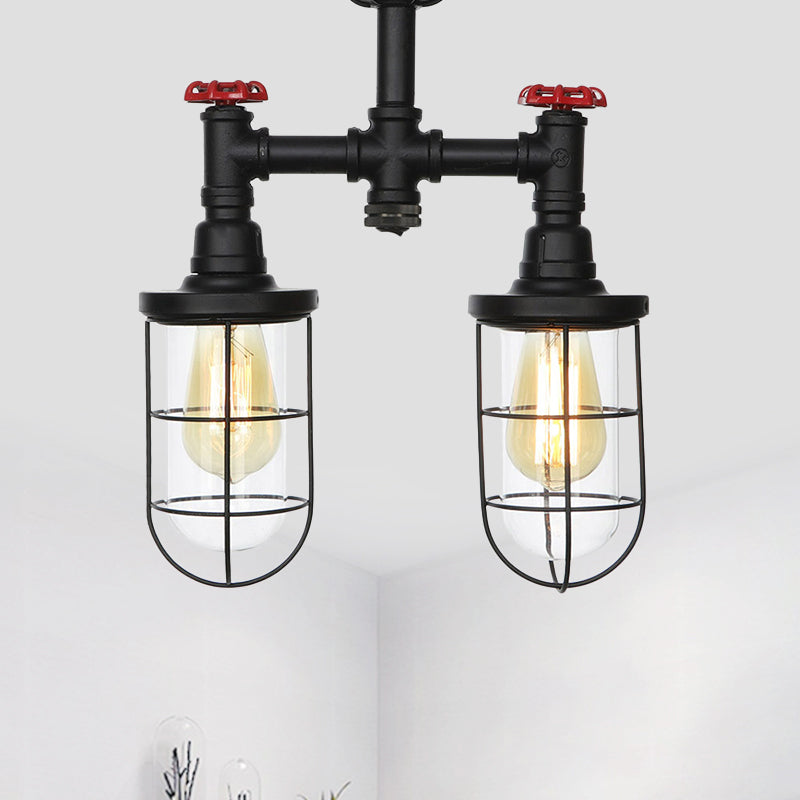 2-Bulbs Flushmount Farmhouse Wire Cage Clear Glass Semi-Flush Ceiling Fixture in Black Clearhalo 'Ceiling Lights' 'Close To Ceiling Lights' 'Close to ceiling' 'Glass shade' 'Glass' 'Semi-flushmount' Lighting' 758463