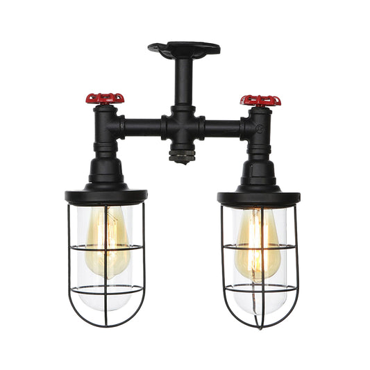 2-Bulbs Flushmount Farmhouse Wire Cage Clear Glass Semi-Flush Ceiling Fixture in Black Clearhalo 'Ceiling Lights' 'Close To Ceiling Lights' 'Close to ceiling' 'Glass shade' 'Glass' 'Semi-flushmount' Lighting' 758464