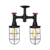 2-Bulbs Flushmount Farmhouse Wire Cage Clear Glass Semi-Flush Ceiling Fixture in Black Clearhalo 'Ceiling Lights' 'Close To Ceiling Lights' 'Close to ceiling' 'Glass shade' 'Glass' 'Semi-flushmount' Lighting' 758464