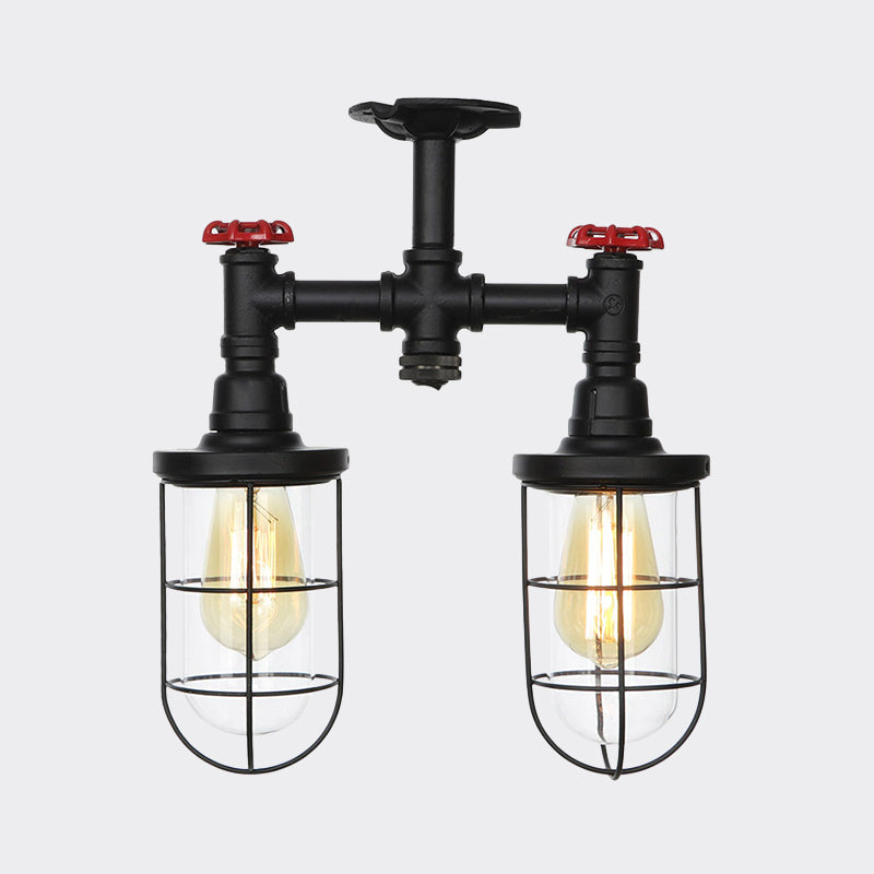 2-Bulbs Flushmount Farmhouse Wire Cage Clear Glass Semi-Flush Ceiling Fixture in Black Clearhalo 'Ceiling Lights' 'Close To Ceiling Lights' 'Close to ceiling' 'Glass shade' 'Glass' 'Semi-flushmount' Lighting' 758465