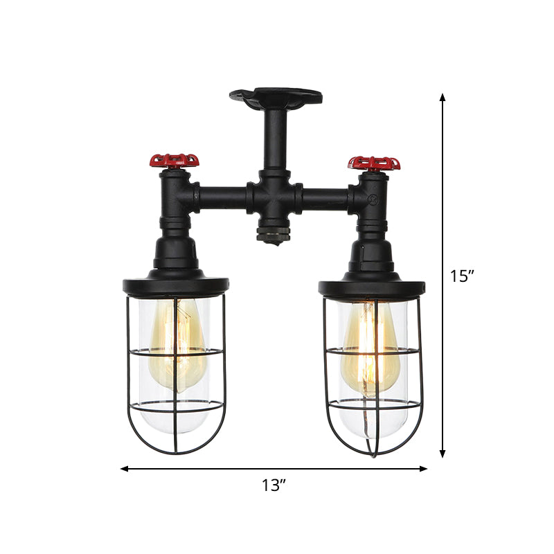 2-Bulbs Flushmount Farmhouse Wire Cage Clear Glass Semi-Flush Ceiling Fixture in Black Clearhalo 'Ceiling Lights' 'Close To Ceiling Lights' 'Close to ceiling' 'Glass shade' 'Glass' 'Semi-flushmount' Lighting' 758466