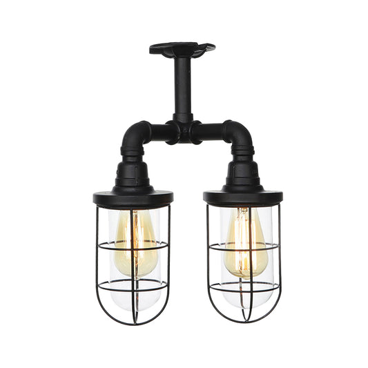 Clear Glass Black Semi Flush Lighting Caged 2 Heads Vintage Flush Mount Ceiling Lamp Clearhalo 'Ceiling Lights' 'Close To Ceiling Lights' 'Close to ceiling' 'Glass shade' 'Glass' 'Semi-flushmount' Lighting' 758468
