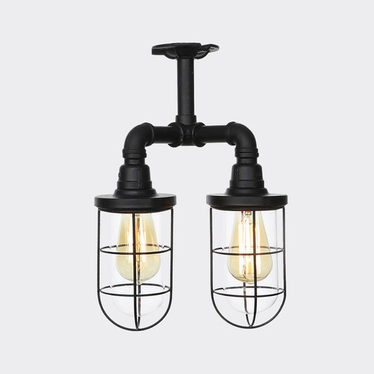 Clear Glass Black Semi Flush Lighting Caged 2 Heads Vintage Flush Mount Ceiling Lamp Clearhalo 'Ceiling Lights' 'Close To Ceiling Lights' 'Close to ceiling' 'Glass shade' 'Glass' 'Semi-flushmount' Lighting' 758469