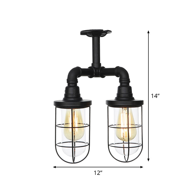 Clear Glass Black Semi Flush Lighting Caged 2 Heads Vintage Flush Mount Ceiling Lamp Clearhalo 'Ceiling Lights' 'Close To Ceiling Lights' 'Close to ceiling' 'Glass shade' 'Glass' 'Semi-flushmount' Lighting' 758470