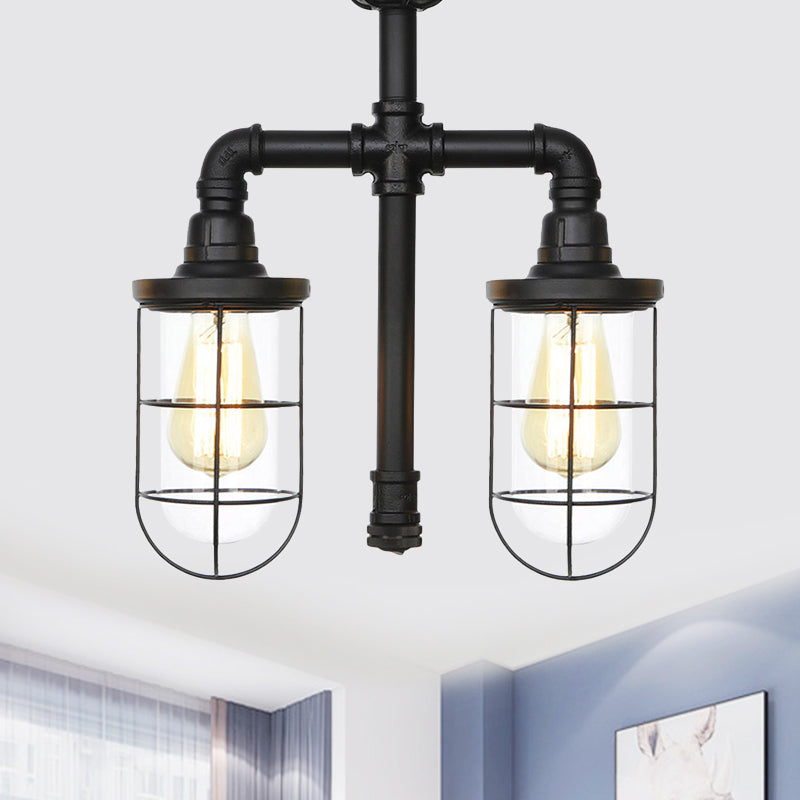 Clear Glass Black Semi Flush Lighting Caged 2 Heads Vintage Flush Mount Ceiling Lamp Clearhalo 'Ceiling Lights' 'Close To Ceiling Lights' 'Close to ceiling' 'Glass shade' 'Glass' 'Semi-flushmount' Lighting' 758472