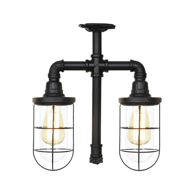 Clear Glass Black Semi Flush Lighting Caged 2 Heads Vintage Flush Mount Ceiling Lamp Clearhalo 'Ceiling Lights' 'Close To Ceiling Lights' 'Close to ceiling' 'Glass shade' 'Glass' 'Semi-flushmount' Lighting' 758473