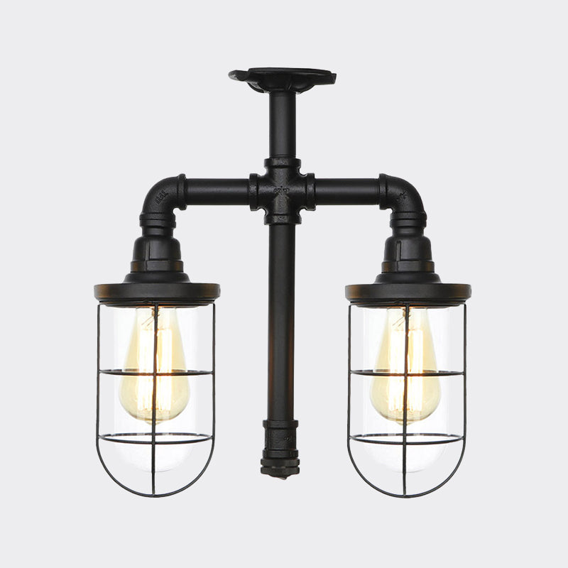 Clear Glass Black Semi Flush Lighting Caged 2 Heads Vintage Flush Mount Ceiling Lamp Clearhalo 'Ceiling Lights' 'Close To Ceiling Lights' 'Close to ceiling' 'Glass shade' 'Glass' 'Semi-flushmount' Lighting' 758474